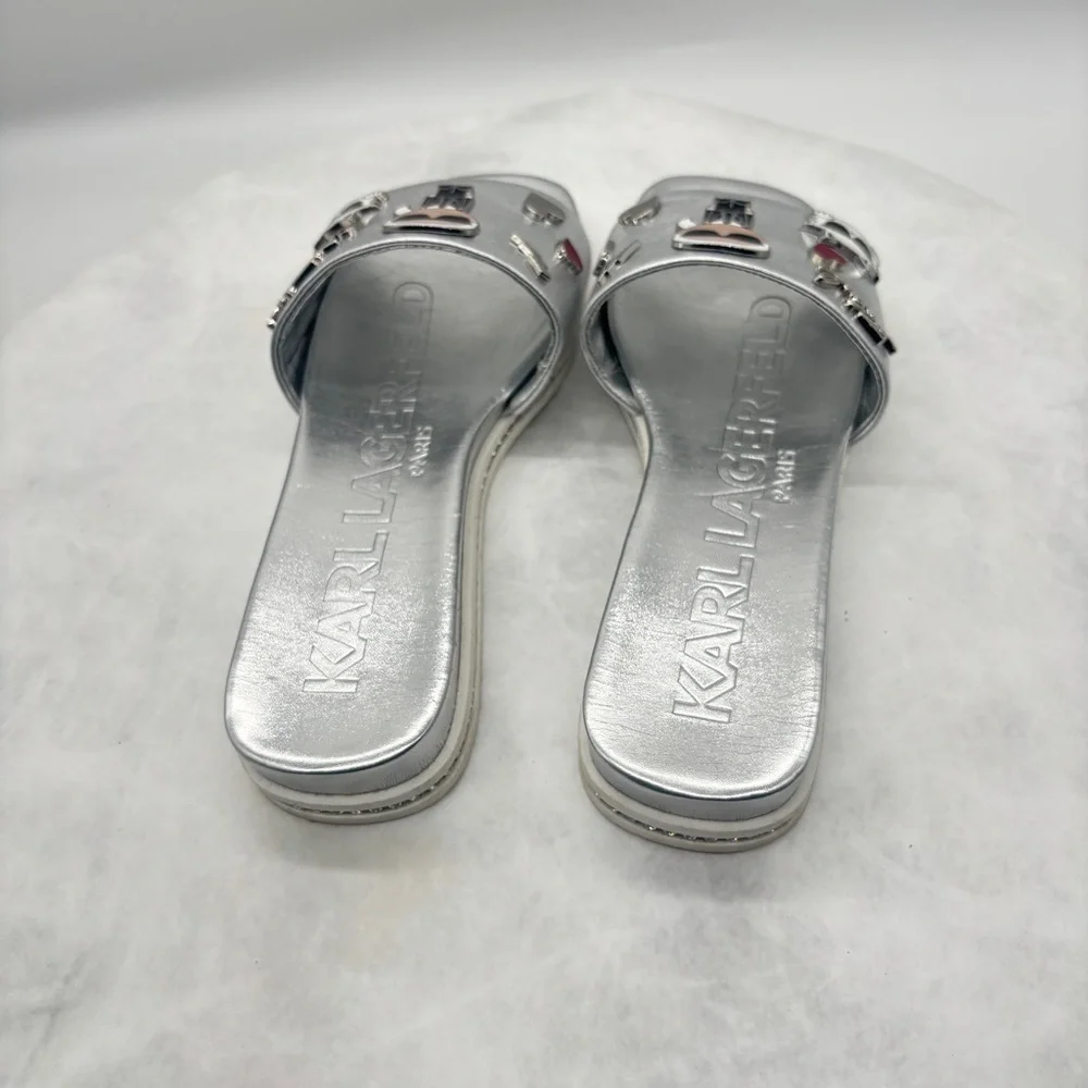 Karl Lagerfeld Silver Slide Sandals with Cartoon Design Size 6.5